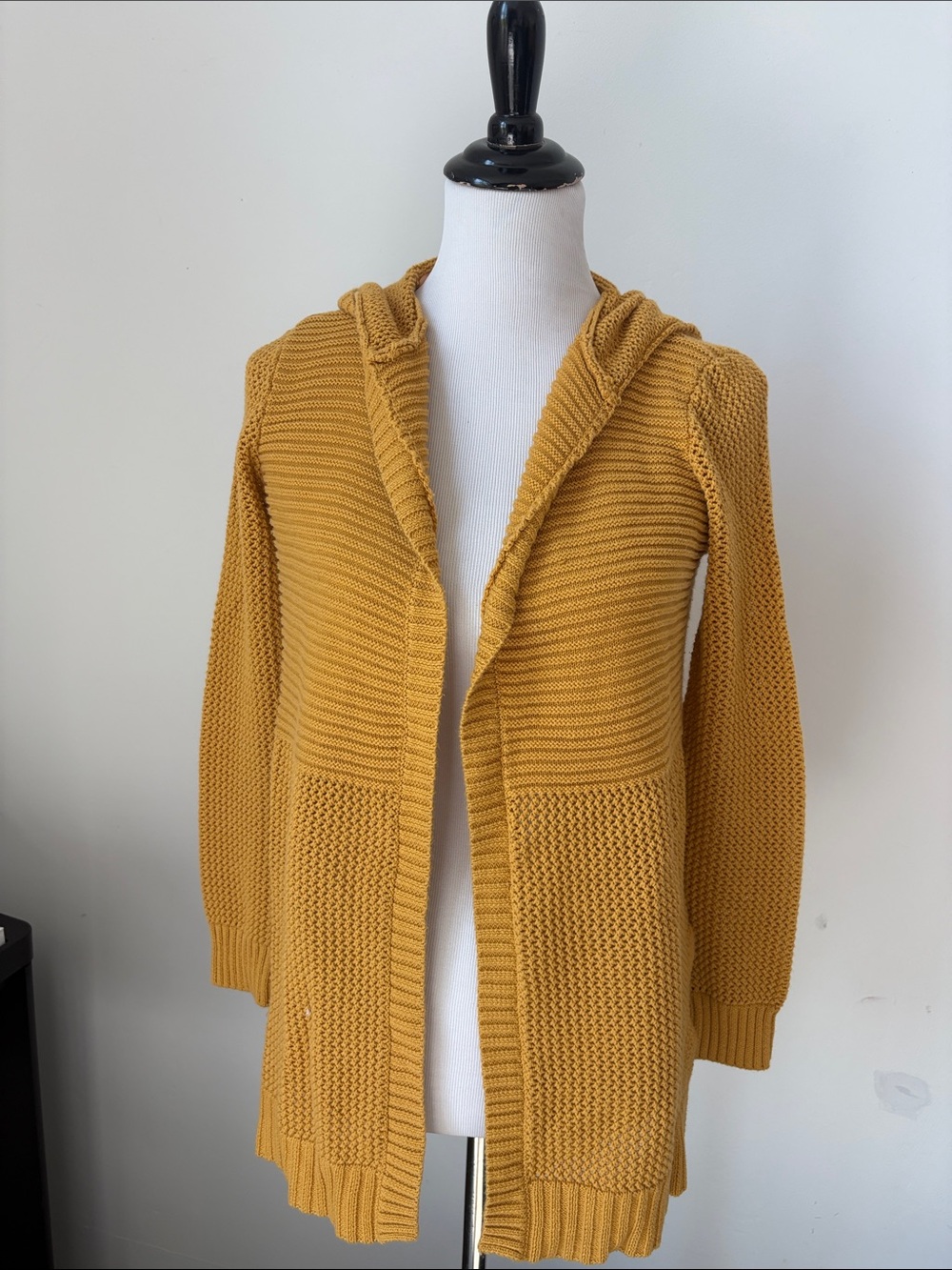 MARBLED Mustard Open-Front Hooded Knit Cardigan Sweater
